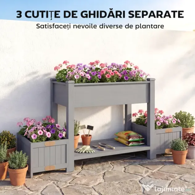 Outsunny Strat Înălțat pentru Grădină, Jardinieră cu Raft, 149x46x76cm, Gri | Aosom Romania