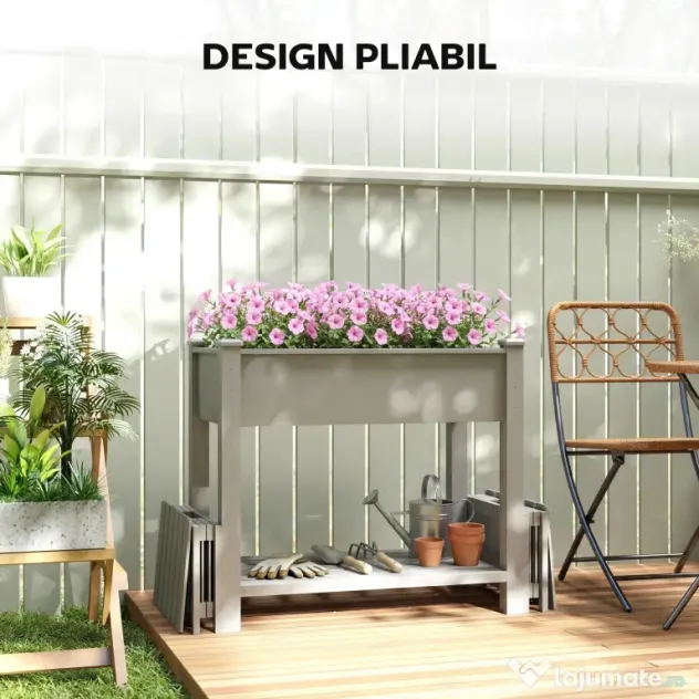 Outsunny Strat Înălțat pentru Grădină, Jardinieră cu Raft, 149x46x76cm, Gri | Aosom Romania