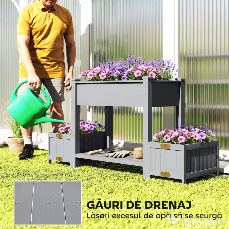 Outsunny Strat Înălțat pentru Grădină, Jardinieră cu Raft, 149x46x76cm, Gri | Aosom Romania