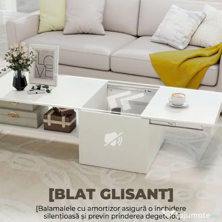 HOMCOM Măsuță de Cafea din Lemn cu Blat Glisant și Raft Deschis și Ascuns, 110x52x36 cm, Alb | Aosom Romania