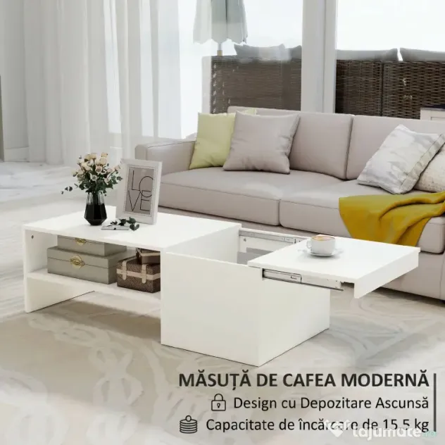 HOMCOM Măsuță de Cafea din Lemn cu Blat Glisant și Raft Deschis și Ascuns, 110x52x36 cm, Alb | Aosom Romania