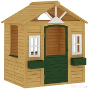 AIYAPLAY Căsuță de Grădină pentru Copii din Lemn de Molid, Căsuță de Exterior cu 3 Ferestre, 2 Jardiniere, Ușă și Acoperiș, pentru Copii 3-8 Ani, Interior și Exterior, 134.5x97x150 cm, Maro | Aosom Romania 