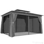 Outsunny Foișor de Grădină cu Acoperiș pe 2 Nivele, Plase de Țânțari și Perdele, din Metal și Poliester, 380x300x270 cm, Gri Închis