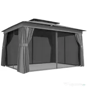 Outsunny Pavilion de Grădină 3,8x3 m cu Perdele, Plasă de Țânțari, Cârlige, Pavilion de Exterior cu Acoperiș Dublu, Orificii de Drenaj, Structură Metalică, pentru Grădină, Terasă, Petreceri, UV30+, Gri Închis | Aosom Romania 