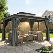 Outsunny Pavilion de Grădină 3,8x3 m cu Perdele, Plasă de Țânțari, Cârlige, Pavilion de Exterior cu Acoperiș Dublu, Orificii de Drenaj, Structură Metalică, pentru Grădină, Terasă, Petreceri, UV30+, Gri Închis | Aosom Romania 