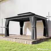 Outsunny Pavilion de Grădină 3,8x3 m cu Perdele, Plasă de Țânțari, Cârlige, Pavilion de Exterior cu Acoperiș Dublu, Orificii de Drenaj, Structură Metalică, pentru Grădină, Terasă, Petreceri, UV30+, Gri Închis | Aosom Romania 