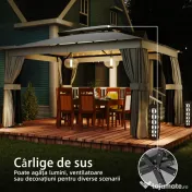 Outsunny Pavilion de Grădină 3,8x3 m cu Perdele, Plasă de Țânțari, Cârlige, Pavilion de Exterior cu Acoperiș Dublu, Orificii de Drenaj, Structură Metalică, pentru Grădină, Terasă, Petreceri, UV30+, Gri Închis | Aosom Romania 