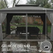 Outsunny Pavilion de Grădină 3,8x3 m cu Perdele, Plasă de Țânțari, Cârlige, Pavilion de Exterior cu Acoperiș Dublu, Orificii de Drenaj, Structură Metalică, pentru Grădină, Terasă, Petreceri, UV30+, Gri Închis | Aosom Romania 