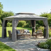 Outsunny Pavilion de Grădină 3,8x3 m cu Perdele, Plasă de Țânțari, Cârlige, Pavilion de Exterior cu Acoperiș Dublu, Orificii de Drenaj, Structură Metalică, pentru Grădină, Terasă, Petreceri, UV30+, Gri Închis | Aosom Romania 