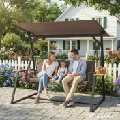 Outsunny Balansoar de Grădină cu 3 Locuri și Acoperiș Reglabil, Balansoar de Exterior din Metal cu Tăvi pentru Băuturi, Perne Imbătute, Capacitate 360kg, pentru Terasă sau Balcon, 222x131x175 cm, Maro | Aosom Romania 