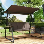 Outsunny Balansoar de Grădină cu 3 Locuri și Acoperiș Reglabil, Balansoar de Exterior din Metal cu Tăvi pentru Băuturi, Perne Imbătute, Capacitate 360kg, pentru Terasă sau Balcon, 222x131x175 cm, Maro | Aosom Romania 
