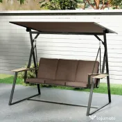 Outsunny Balansoar de Grădină cu 3 Locuri și Acoperiș Reglabil, Balansoar de Exterior din Metal cu Tăvi pentru Băuturi, Perne Imbătute, Capacitate 360kg, pentru Terasă sau Balcon, 222x131x175 cm, Maro | Aosom Romania 
