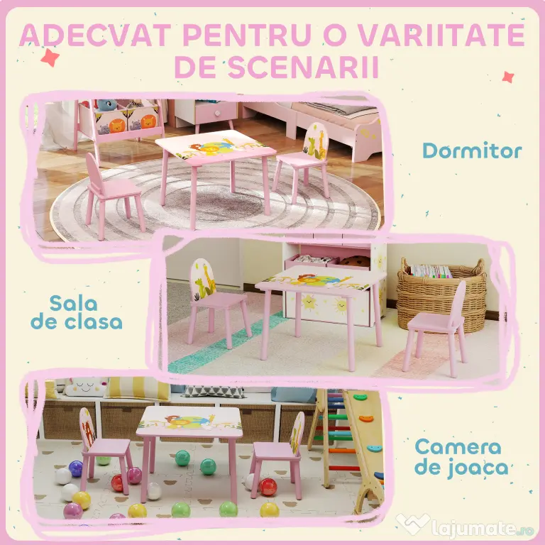 AIYAPLAY Măsuță și 2 scaune pentru copii 3-8 ani cu margini rotunjite, Roz | Aosom Romania