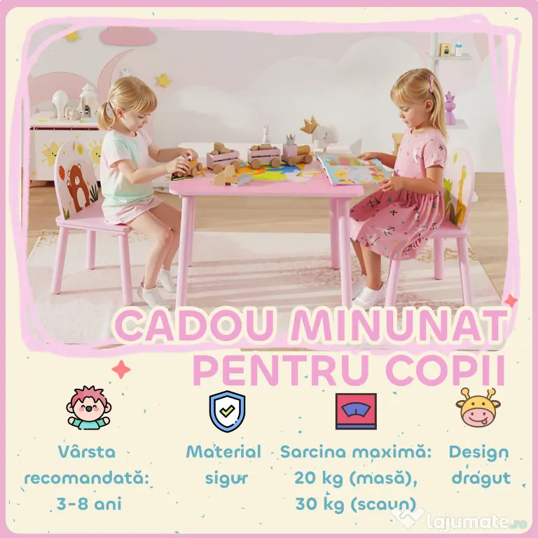 AIYAPLAY Măsuță și 2 scaune pentru copii 3-8 ani cu margini rotunjite, Roz | Aosom Romania