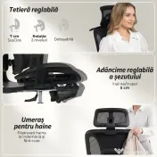 HOMCOM Scaun de Birou Ergonomic din Plasă cu Cotiere, Tetieră, Spătar Reglabil, Funcție Legănare, Negru | Aosom Romania