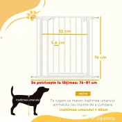 PawHut Poartă de Siguranță pentru Copii și Animale, Poartă pentru Câini cu Închidere Automată, Deschidere în Ambele Direcții, Montare prin Presiune, 76-82x76 cm, Alb | Aosom Romania 