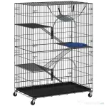 PawHut Cușcă pentru Pisici pe 4 Nivele, Cușcă Mare din Metal cu Roți, Negru