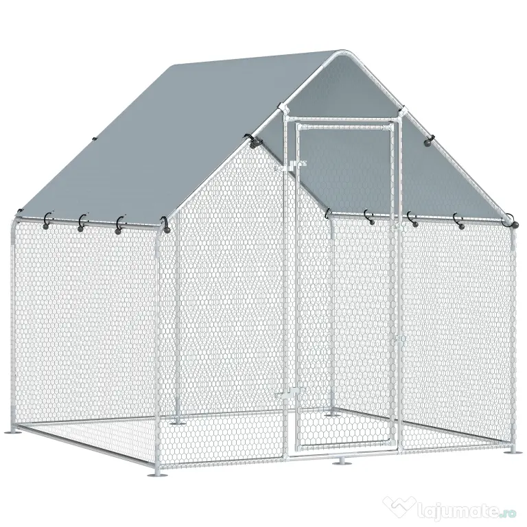 PawHut Coteț pentru Găini de Exterior, 2x2x2m 4 m² Țarc pentru Găini din Oțel Galvanizat cu Acoperiș Impermeabil Anti-UV și Încuietoare, Adăpost pentru 4-6 Găini, Animale Mici, Iepuri și Rațe | Aosom Romania