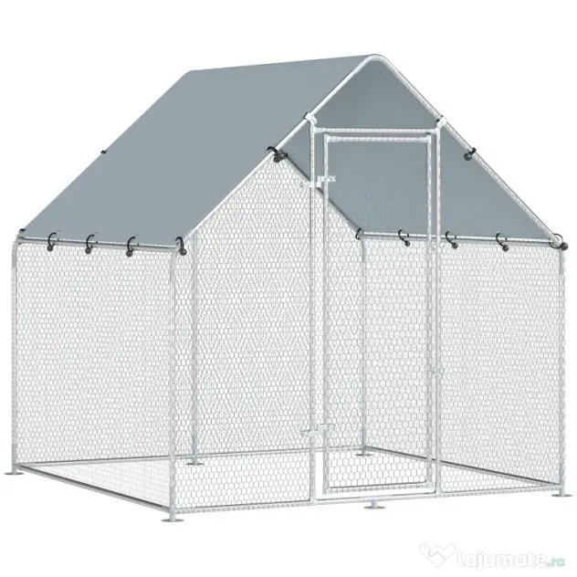 PawHut Coteț pentru Găini de Exterior, 2x2x2m 4 m² Țarc pentru Găini din Oțel Galvanizat cu Acoperiș Impermeabil Anti-UV și Încuietoare, Adăpost pentru 4-6 Găini, Animale Mici, Iepuri și Rațe | Aosom Romania