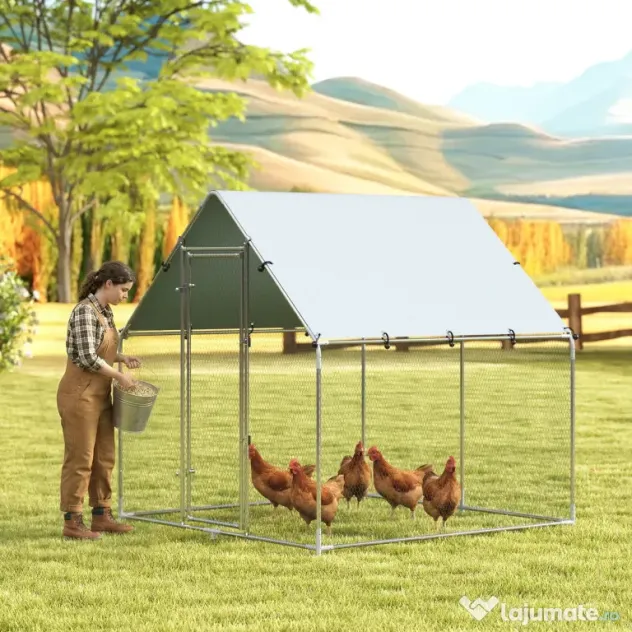 PawHut Coteț pentru Găini de Exterior, 2x2x2m 4 m² Țarc pentru Găini din Oțel Galvanizat cu Acoperiș Impermeabil Anti-UV și Încuietoare, Adăpost pentru 4-6 Găini, Animale Mici, Iepuri și Rațe | Aosom Romania