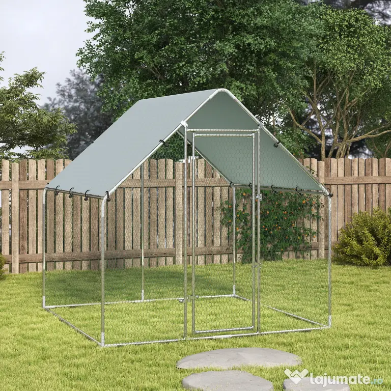 PawHut Coteț pentru Găini de Exterior, 2x2x2m 4 m² Țarc pentru Găini din Oțel Galvanizat cu Acoperiș Impermeabil Anti-UV și Încuietoare, Adăpost pentru 4-6 Găini, Animale Mici, Iepuri și Rațe | Aosom Romania