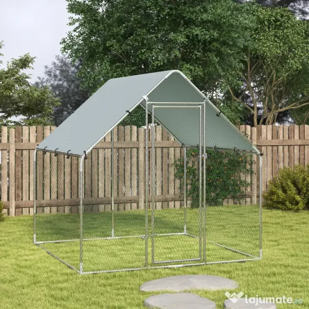 PawHut Coteț pentru Găini de Exterior, 2x2x2m 4 m² Țarc pentru Găini din Oțel Galvanizat cu Acoperiș Impermeabil Anti-UV și Încuietoare, Adăpost pentru 4-6 Găini, Animale Mici, Iepuri și Rațe | Aosom Romania