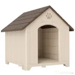 PawHut Căsuță pentru Câini de Exterior, Talie Medie și Mare, Căsuță din Plastic Impermeabilă cu Bază Ridicată, Ferestre și Acoperiș Înclinat pentru Grădină, Balcon, Terasă, 88x78x89 cm, Bej
