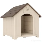PawHut Căsuță pentru câini de talie medie și mare, ridicată, cu acoperiș înclinat, guri de aerisire și cuie, căsuță din PP, 88x78x89 cm, Bej și Maro Închis | Aosom Romania 
