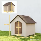 PawHut Căsuță pentru câini de talie medie și mare, ridicată, cu acoperiș înclinat, guri de aerisire și cuie, căsuță din PP, 88x78x89 cm, Bej și Maro Închis | Aosom Romania 