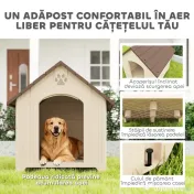 PawHut Căsuță pentru câini de talie medie și mare, ridicată, cu acoperiș înclinat, guri de aerisire și cuie, căsuță din PP, 88x78x89 cm, Bej și Maro Închis | Aosom Romania 