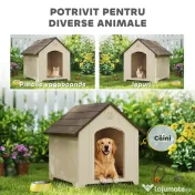 PawHut Căsuță pentru câini de talie medie și mare, ridicată, cu acoperiș înclinat, guri de aerisire și cuie, căsuță din PP, 88x78x89 cm, Bej și Maro Închis | Aosom Romania 