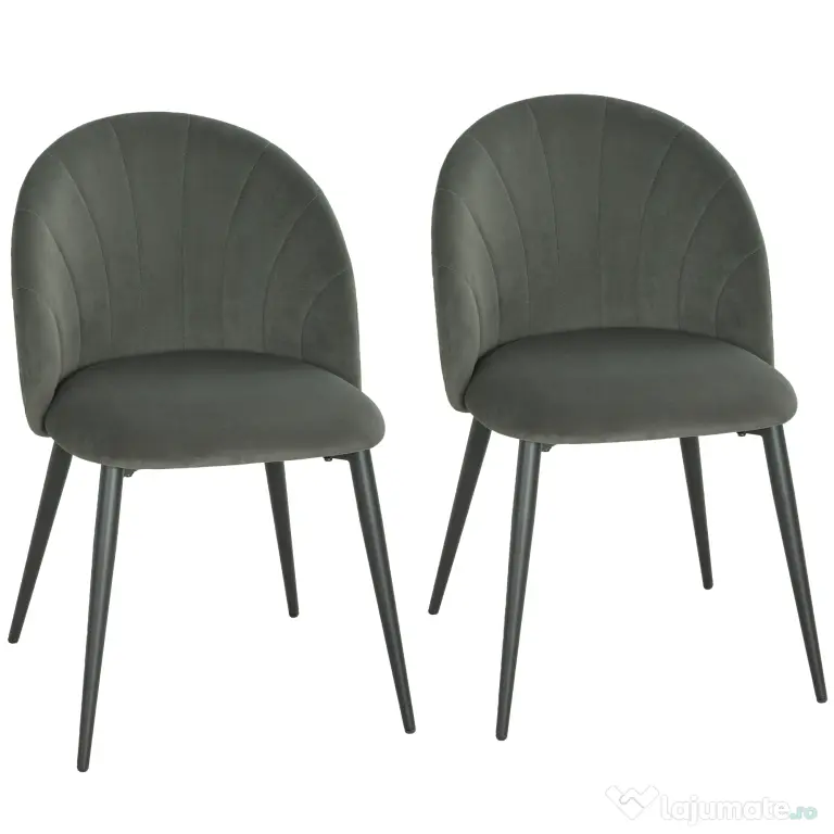 HOMCOM Set de 2 Scaune de Sufragerie din Catifea, Scaune de Bucătărie cu Spătar Curbat în Formă de Scoică, Picioare din Oțel, Stil Nordic, Scaune Tapițate pentru Bucătărie, Dormitor, Living, Gri | Aosom Romania