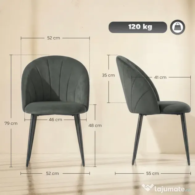HOMCOM Set de 2 Scaune de Sufragerie din Catifea, Scaune de Bucătărie cu Spătar Curbat în Formă de Scoică, Picioare din Oțel, Stil Nordic, Scaune Tapițate pentru Bucătărie, Dormitor, Living, Gri | Aosom Romania