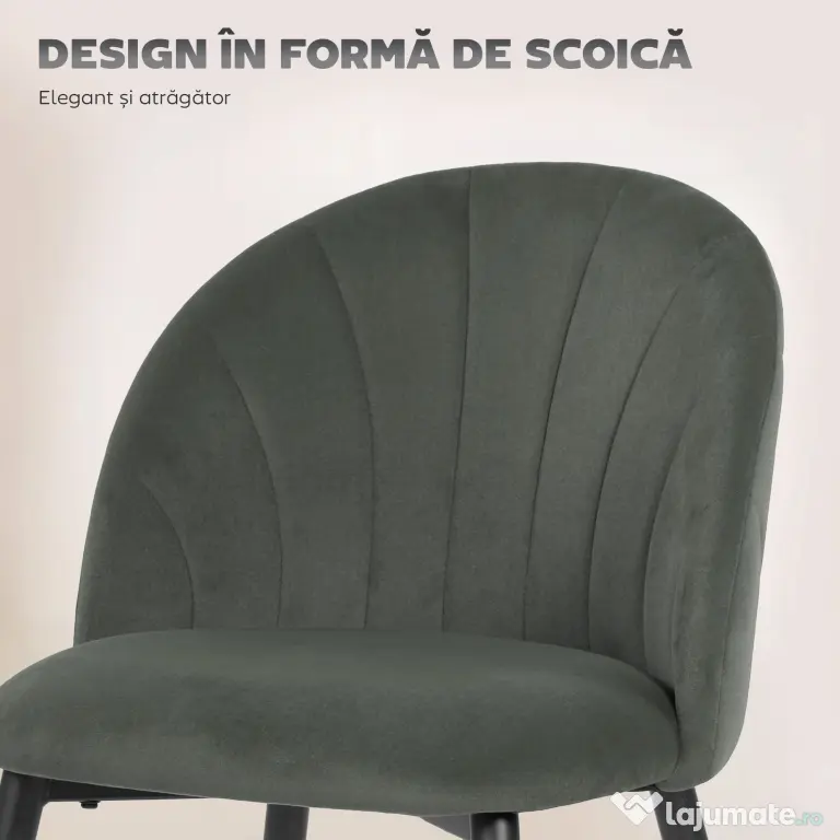 HOMCOM Set de 2 Scaune de Sufragerie din Catifea, Scaune de Bucătărie cu Spătar Curbat în Formă de Scoică, Picioare din Oțel, Stil Nordic, Scaune Tapițate pentru Bucătărie, Dormitor, Living, Gri | Aosom Romania