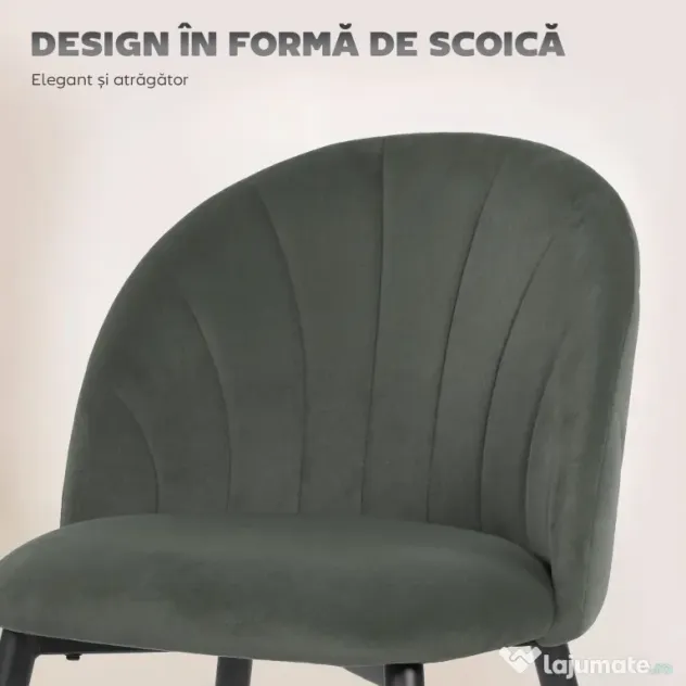 HOMCOM Set de 2 Scaune de Sufragerie din Catifea, Scaune de Bucătărie cu Spătar Curbat în Formă de Scoică, Picioare din Oțel, Stil Nordic, Scaune Tapițate pentru Bucătărie, Dormitor, Living, Gri | Aosom Romania
