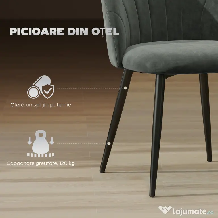 HOMCOM Set de 2 Scaune de Sufragerie din Catifea, Scaune de Bucătărie cu Spătar Curbat în Formă de Scoică, Picioare din Oțel, Stil Nordic, Scaune Tapițate pentru Bucătărie, Dormitor, Living, Gri | Aosom Romania