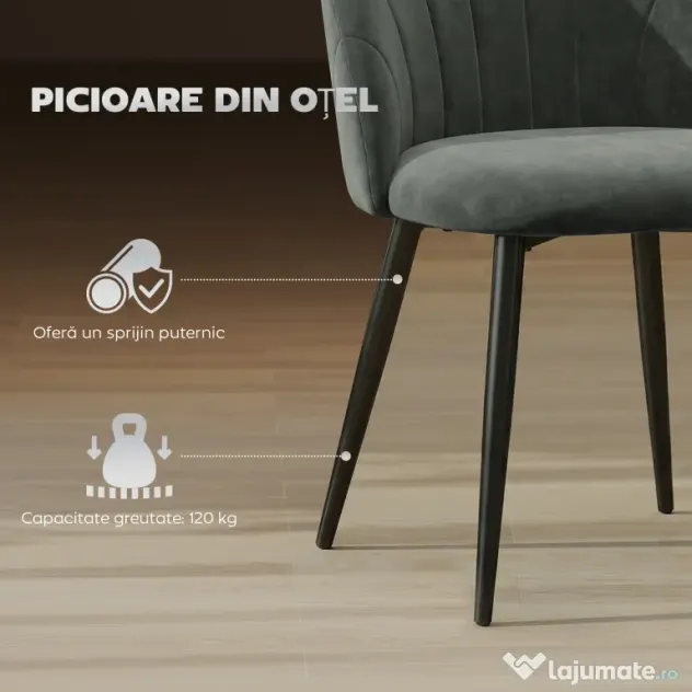 HOMCOM Set de 2 Scaune de Sufragerie din Catifea, Scaune de Bucătărie cu Spătar Curbat în Formă de Scoică, Picioare din Oțel, Stil Nordic, Scaune Tapițate pentru Bucătărie, Dormitor, Living, Gri | Aosom Romania