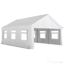 Outsunny Pavilion de Grădină 4x6 m cu Pereți Laterali, 6 Ferestre și Dublă Intrare, din Oțel Galvanizat, Alb | Aosom Romania