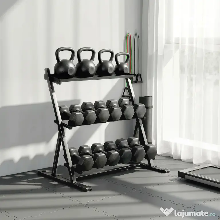SPORTNOW Suport pentru Greutăți cu 3 Nivele, Reglabil pentru Gantere și Kettlebell-uri, Economisire de Spațiu pentru Sala de Acasă, Capacitate 200 KG | Aosom Romania