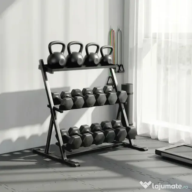 SPORTNOW Suport pentru Greutăți cu 3 Nivele, Reglabil pentru Gantere și Kettlebell-uri, Economisire de Spațiu pentru Sala de Acasă, Capacitate 200 KG | Aosom Romania