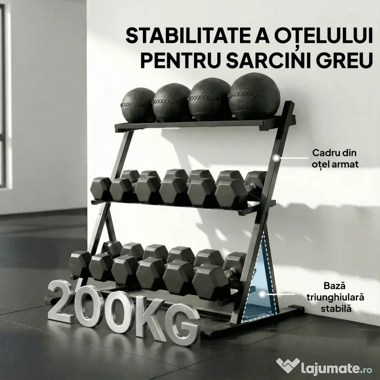 SPORTNOW Suport pentru Greutăți cu 3 Nivele, Reglabil pentru Gantere și Kettlebell-uri, Economisire de Spațiu pentru Sala de Acasă, Capacitate 200 KG | Aosom Romania