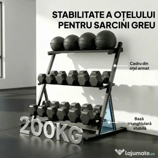 SPORTNOW Suport pentru Greutăți cu 3 Nivele, Reglabil pentru Gantere și Kettlebell-uri, Economisire de Spațiu pentru Sala de Acasă, Capacitate 200 KG | Aosom Romania