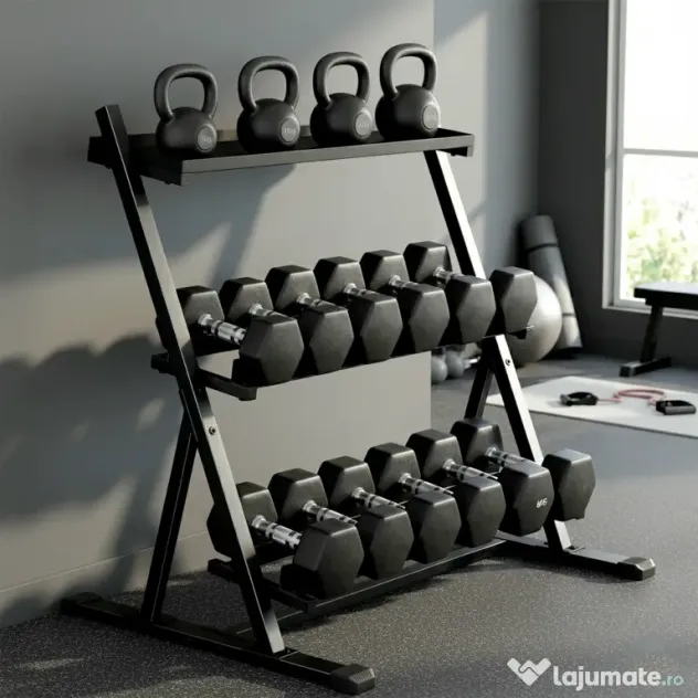SPORTNOW Suport pentru Greutăți cu 3 Nivele, Reglabil pentru Gantere și Kettlebell-uri, Economisire de Spațiu pentru Sala de Acasă, Capacitate 200 KG | Aosom Romania