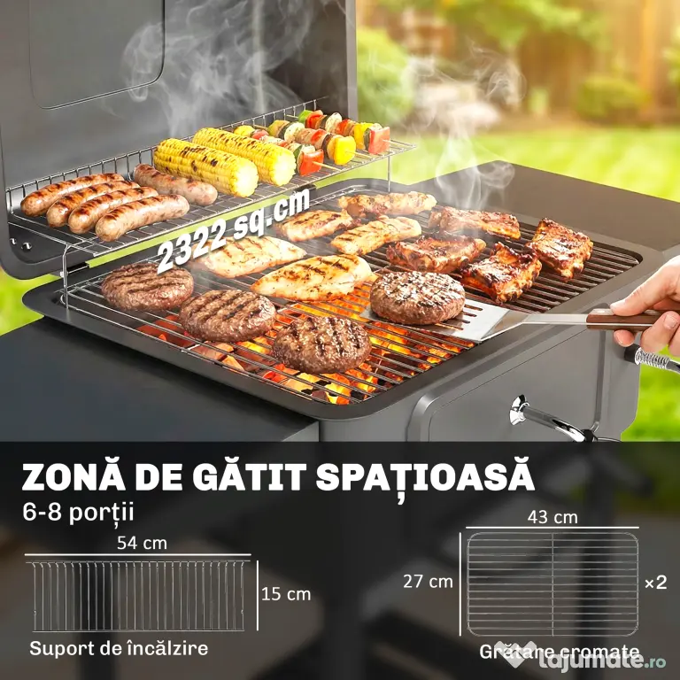 Outsunny Grătar pe Cărbune, Afumător Portabil cu Ventilație, Termometru și Rafturi Laterale, Negru | Aosom Romania