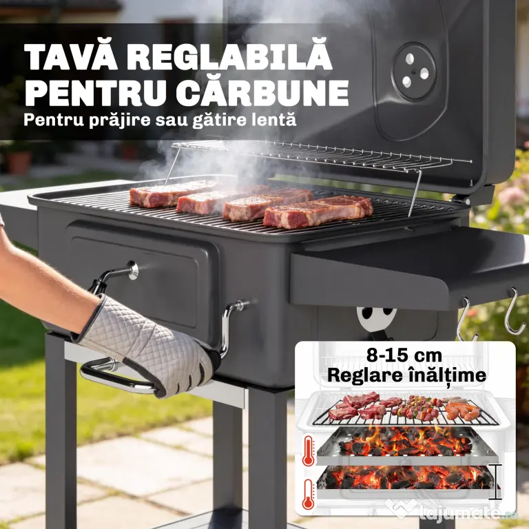 Outsunny Grătar pe Cărbune, Afumător Portabil cu Ventilație, Termometru și Rafturi Laterale, Negru | Aosom Romania