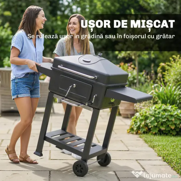 Outsunny Grătar pe Cărbune, Afumător Portabil cu Ventilație, Termometru și Rafturi Laterale, Negru | Aosom Romania