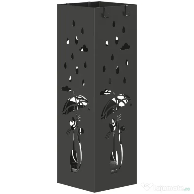HOMCOM Suport de Umbrele Pătrat din Metal pentru Intrare, Suport Autoportant cu Tavă Detașabilă și 4 Cârlige, pentru Interior și Exterior, 15.5x15.5x49 cm, Negru | Aosom Romania