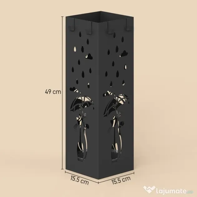 HOMCOM Suport de Umbrele Pătrat din Metal pentru Intrare, Suport Autoportant cu Tavă Detașabilă și 4 Cârlige, pentru Interior și Exterior, 15.5x15.5x49 cm, Negru | Aosom Romania