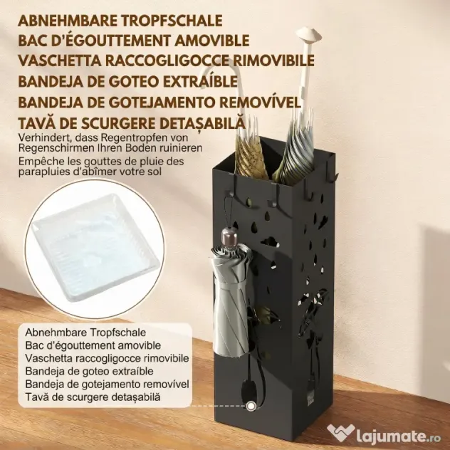 HOMCOM Suport de Umbrele Pătrat din Metal pentru Intrare, Suport Autoportant cu Tavă Detașabilă și 4 Cârlige, pentru Interior și Exterior, 15.5x15.5x49 cm, Negru | Aosom Romania