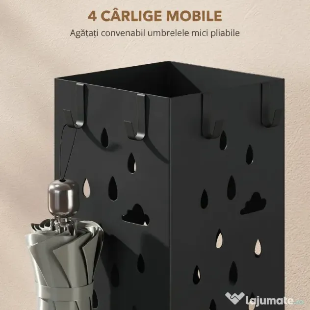 HOMCOM Suport de Umbrele Pătrat din Metal pentru Intrare, Suport Autoportant cu Tavă Detașabilă și 4 Cârlige, pentru Interior și Exterior, 15.5x15.5x49 cm, Negru | Aosom Romania